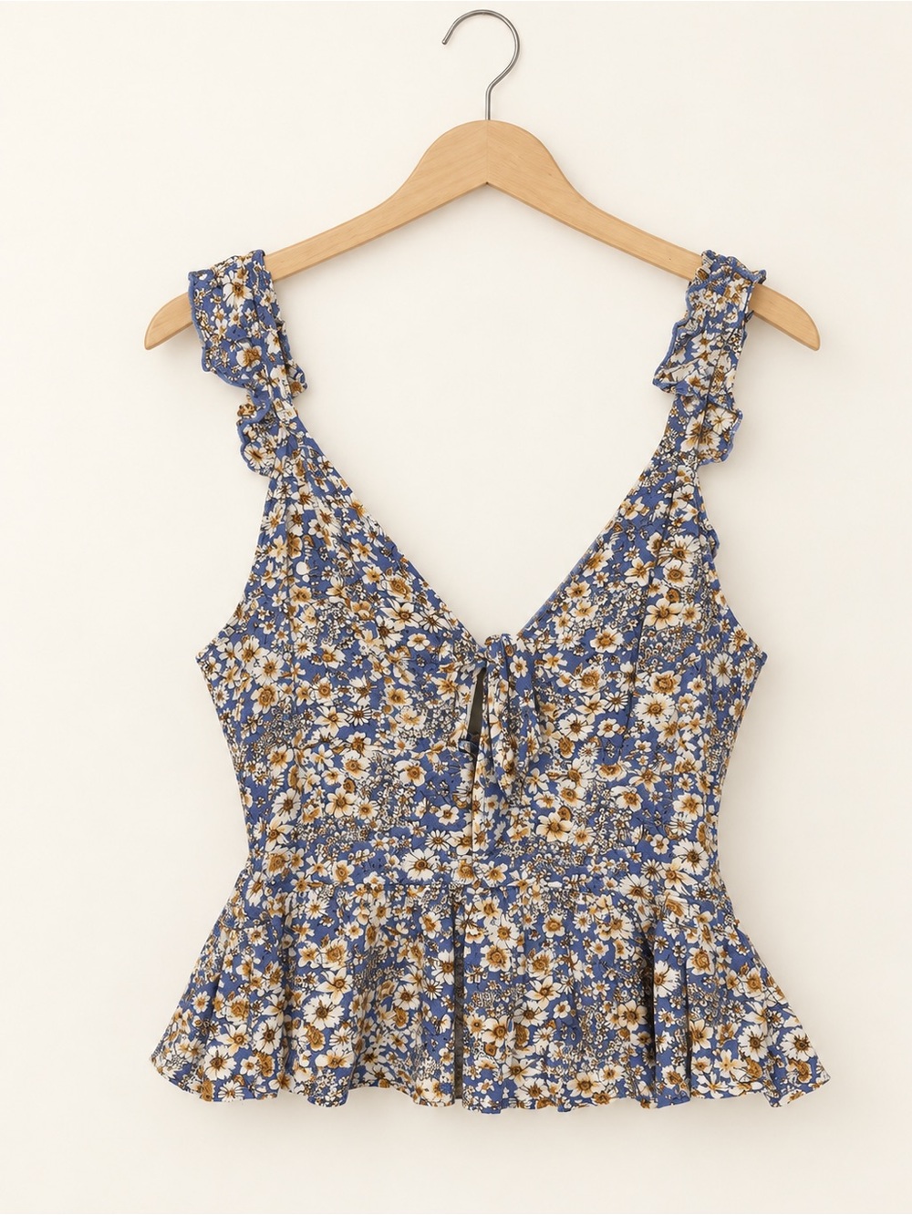 Patrons of Peace Blue Floral Ruffle Tie-Front Camisole